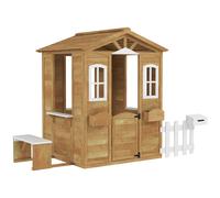 Outsunny Casita Infantil Exterior de Madera con Buzón Ventanas Jardinera Mostrador y Banco para Niños a Partir de 3 Años Natural