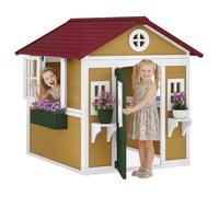 Outsunny Casita Infantil Exterior e Interior de Madera, Casita Infantil con Puerta, Ventanas, Jardineras y Soportes de Flores, Casa de Jardín para Niños de 3-8 Años, Madera Natural