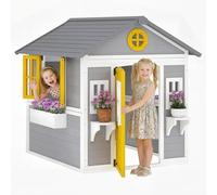 Outsunny Casita Infantil Exterior e Interior de Madera, Casita Infantil con Puerta, Ventanas, Jardineras y Soportes de Flores, Casa de Jardín para Niños de 3-8 Años, Gris