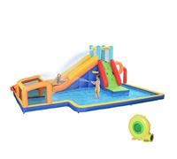 Outsunny Castillo Hinchable Infantil 3-8 Años con Tobogán, Pared para Escalar, Portería de Fútbol y Canasta, Juego Hinchable de Tela Oxford, 590x460x220 cm, Multicolor