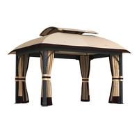 Outsunny Cenador de jardín 3,3 x 4 m, Pérgola de jardín con Cortinas y Mosquiteras, Techo Doble, Estructura Metálica, Caqui Aosom España