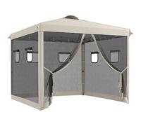 Outsunny Cenador de Jardín 3x3 m con Pared Lateral de Malla 6 Ventanas Altura Ajustable en 3 Niveles Protección Rayos UV30+ Beige Aosom España