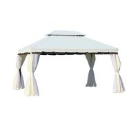 Outsunny cenador de jardín 4x3 m, pabellón de jardín gazebo con doble techo, 4 cortinas y mosquitera, marco de aluminio, orificios de drenaje, upf50+, carpa para exterior, terraza, patio, blanco crema