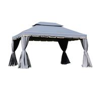 Outsunny cenador de jardín 4x3 m, pabellón de jardín gazebo con doble techo, 4 cortinas y mosquitera, marco de aluminio, orificios de drenaje, upf50+, carpa para exterior, terraza, patio, gris