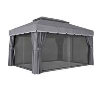 Outsunny cenador de jardín 4x3 m, pabellón de jardín gazebo con doble techo, 4 cortinas y mosquitera, marco de aluminio, orificios de drenaje, upf50+, carpa para exterior, terraza, patio, gris oscuro