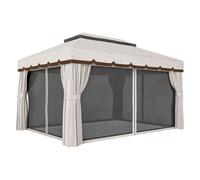 Outsunny cenador de jardín 4x3 m, pabellón de jardín gazebo con doble techo, 4 cortinas y mosquitera, marco de aluminio, orificios de drenaje, upf50+, carpa para exterior, terraza, patio, blanco crema