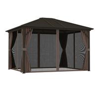 Outsunny Cenador para Jardín 3x3,65 m Pérgola de Jardín con Doble Techo 4 Paredes Laterales 4 Mosquiteras y Anti-UV Café