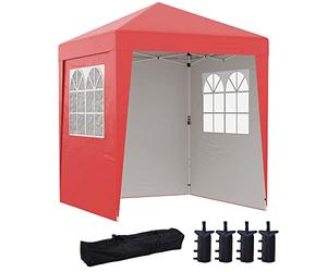Outsunny - Cenador Plegable para jardín (2 x 2 m, Altura Ajustable, 3 Niveles, antirrayos UV, 30+ 3 Paredes Laterales con 4 Bolsas de Arena y 1 Bolsa de Transporte de Tela Oxford de Acero Rojo
