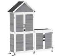 Outsunny Cobertizo de jardín y armario de almacenaje en madera con techo inclinado de asfalto, estantes y puertas con cerradura, gris