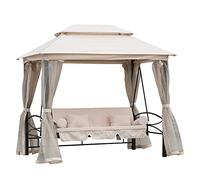 Outsunny Columpio de Jardín Convertible de 3 Plazas Estilo Colonial Grand Confort 2 Cojines + Colchoneta + Mosquitera Incluidos Negro Beige