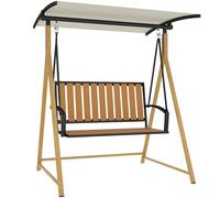 Outsunny Columpio de Jardín Exterior de 2 Plazas, Balancín de Jardín Exterior con Grano de Madera, Estructura de Metal y Toldo Regulable, Soporta 240 kg, 142x112x162 cm, Natural y Beige