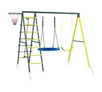 Outsunny Columpio Infantil 4 en 1, con Columpio Nido e Individual, Red para Escalar, Canasta de Baloncesto, Escalera, Carga 160 kg, para Exterior, Parque Infantil para Niños de 3 a 8 Años, Amarillo