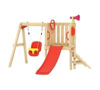 Outsunny columpio y tobogán infantil exterior, 5 en 1, parque infantil exterior de madera con columpio, tobogán, volante, bocina, teléfono, para niños de 18-48 meses, para patio, césped, rojo
