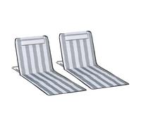 Outsunny Conjunto de 2 Esterillas de Playa Plegables, Esterillas con Respaldo Reclinable en 5 Niveles, Reposacabezas y Bolsa de Transporte, 134x48x33-43 cm, Rayas Blanco y Gris