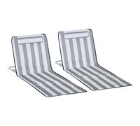 Outsunny Conjunto de 2 Esterillas de Playa Plegables, Esterillas con Respaldo Reclinable en 5 Niveles, Reposacabezas y Bolsa de Transporte, 134x48x33-43 cm, Rayas Blanco y Gris