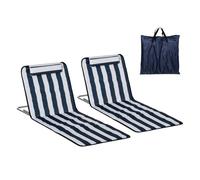Outsunny Conjunto de 2 Esterillas de Playa Plegables, Esterillas con Respaldo Reclinable en 5 Niveles, Reposacabezas y Bolsa de Transporte, 134x48x33-43 cm, Rayas Blanco y Azul