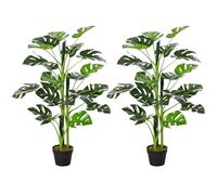 Outsunny Conjunto de 2 Plantas Artificiales 100 cm Monsteras Artificiales Árboles Artificiales con 21 Hojas y Maceta para Decoración Hogar Oficina Salón Verde