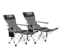 Outsunny Conjunto de 2 Sillas Plegables Camping Tumbonas Camping Portátiles con Reposapiés Desmontable Reposacabezas Portavasos y Bolsa Lateral Carga 120 kg para Jardín Playa Pesca Gris y Negro