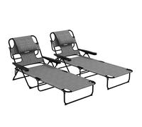 Outsunny Conjunto de 2 Tumbonas Plegables Tumbonas de Jardín con Respaldo Ajustable en 4 Niveles Orificio de Lectura y Reposacabezas para Terraza Piscina 194x72x31 cm Gris