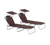 Outsunny Conjunto de 2 Tumbonas Plegables Tumbonas de Jardín Reclinables con Toldo Desmontable Respaldo Ajustable en 5 Niveles para Terraza Piscina 187x58x36 cm Marrón