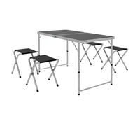 Outsunny Conjunto de Camping de 5 Piezas Mesa para Camping Plegable con Sillas Incluye 1 Mesa Ajuatsble en Altura con Encimera MDF Orificio para Sombrilla 120x60x55-70 cm y 4 Taburetes Plegables Negro