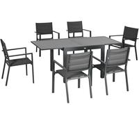 Outsunny Conjunto Muebles de Jardín 7 Piezas de Aluminio Juego de Comedor Exterior con Mesa Extensible y 6 Sillas Apilables y Asiento de Texteline 90-180x89x74 cm Gris