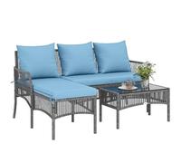 Outsunny Conjunto de Jardín de Ratán de 3 Piezas, Muebles Jardín Exterior Incluye 1 Sofá de 2 Plazas, 1 Sofá Esquinera, 1 Mesa de Centro con Tablero de Vidrio Templado, Cojines, Resistente, Azul Claro
