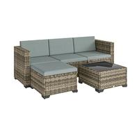 Outsunny conjunto de jardín de ratán de 5 piezas, conjunto terraza resistente, muebles jardín exterior incluye cojines, 2 sillones de esquina, sillón sin brazos, reposapiés y mesa centro, gris claro