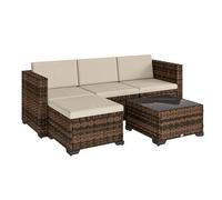Outsunny conjunto de jardín de ratán de 5 piezas, conjunto terraza resistente, muebles jardín exterior incluye cojines, 2 sillones de esquina, sillón sin brazos, reposapiés y mesa centro, caqui