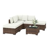 Outsunny Conjunto de Jardín de Ratán de 6 Piezas, Conjunto Terraza Resistente, Muebles Jardín Exterior Incluye Cojines, 4 Módulos de Asiento, 1 Sofá Esquinero y Mesa Centro de Vidrio, Marrón Mixto