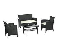 Outsunny Conjunto de Jardín de Ratán Sintético Juego de 4 Piezas Muebles de Jardín con 2 Sillones 1 Sofá Doble 1 Mesa de Centro con Tablero de Vidrio y Cojines Anti-UV Negro y Crema