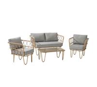 Outsunny conjunto de jardín de ratán sintético juego de 4 piezas muebles de jardín con sofá de 2 plazas 2 sillones y mesa de centro con encimera de cristal y cojines extraíbles natural y gris 129 cm