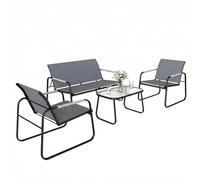 Outsunny Conjunto de Jardín Exterior de 4 Piezas, Muebles Jardín Exterior con 1 Sofá de 2 Plazas, 2 Sillones y Mesa de Vidrio Templado, Estructura de Acero y Textilene Transpirable, Gris