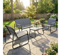 Outsunny conjunto de jardín exterior de 4 piezas, muebles jardín exterior con 1 sofá de 2 plazas, 2 sillones y mesa de vidrio templado, estructura de acero y textilene transpirable, gris 111 cm