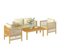 Outsunny Conjunto de Jardín Exterior de 4 Piezas, Muebles Jardín Exterior con Sofá de 2 Plazas, 2 Sillones, Mesa de Madera de Acacia, Cojines Acolchados y Decoración de Cuerda PP, para Terraza, Beige