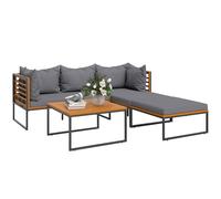 Outsunny Conjunto de Jardín Exterior de 4 Piezas Muebles Jardín Exterior en Forma de L con Sofá de Esquina, 2 Sofás de 2 Plazas y Mesa de Centro de Madera de Acacia con Cojines Acolchados Gris y Teca