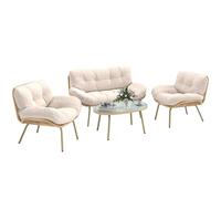 Outsunny Conjunto de Jardín Exterior de Ratán, Muebles Jardín Exterior 4 Piezas, con Cojines, Sofá Doble, 2 Sillones y Mesa de Centro de Cristal, Estructura de Metal, Beige