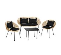 Outsunny Conjunto de Jardín Exterior de Ratán Sintético de 4 Piezas Muebles de Jardín Exterior Incluye 1 Sofá Doble 2 Sillones y Mesa de Vidrio con Cojines Natural y Negro