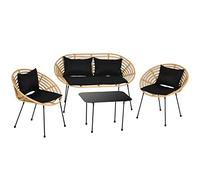 Outsunny Conjunto de Jardín Exterior de Ratán Sintético de 4 Piezas Muebles de Jardín Exterior Incluye 1 Sofá Doble 2 Sillones y Mesa de Vidrio con Cojines Natural y Negro