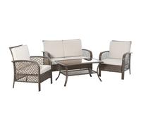 Outsunny Conjunto de 4 Muebles de Jardín de Ratán PE Sillón Sofá Doble y Mesa de Café con Cojines Lavable para Exterior Terraza Patio Marrón y Caqui