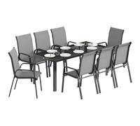 Outsunny Conjunto de Mesa y sillas de jardín 9 Piezas, Conjunto de Comedor de Exterior con Mesa de Cristal Templado, 8 sillas apilables de textilina, Conjunto de Muebles de jardín para terraza,