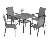Outsunny Conjunto de Mesa y sillas de jardín de 5 Piezas, Conjunto de Comedor con Mesa, Orificio para sombrilla, 4 sillas apilables de textilene, Estructura de Acero, Conjunto de Muebles de jardín