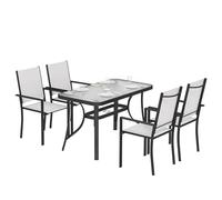Outsunny Conjunto de mesa y sillas de jardín de 5 piezas, conjunto de comedor exterior con 4 sillas apilables Texteline, mesa de cristal templado, orificio para sombrilla, estructura de acero para