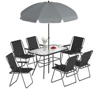 Outsunny Conjunto de Mesa y sillas de jardín de 8 Piezas con sombrilla, Conjunto de Comedor Exterior con 6 sillas Plegables de textilene, Mesa de Vidrio Templado, Estructura de Acero para terraza o