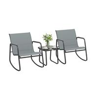 Outsunny Conjunto de Mesa y Sillas de Terraza Exterior de 3 Piezas, Muebles de Jardín Exterior con 2 Sillas Mecedoras, Mesa con Encimera de Vidrio y Estructura de Acero, para Patio, Balcón, Gris