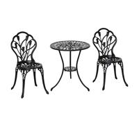 Outsunny Conjunto de Mesa y Sillas de Terraza Exterior de Aluminio Negro | 3 Piezas, Respaldo con Patrón de Tulipán, Mesa con Orificio para Sombrilla