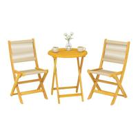 Outsunny Conjunto de Mesa y Sillas de Terraza Exterior de Madera 3 Piezas, Muebles de Jardín Exterior con 2 Sillas Plegables, Asiento Respaldo de Cuerda PP, Mesa Redonda para Patio, Balcón, Natural