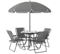 Outsunny Conjunto de Mesa y Sillas Jardín de 6 Piezas Muebles de Jardín Exterior con 4 Sillas Plegables Mesa de Vidrio y Sombrilla para Terraza Patio Gris
