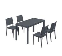 Outsunny Conjunto de Mesa y Sillas Jardín de 5 Piezas, Muebles Jardín Exterior con Mesa de Tablero Ranurado, 4 Sillas Apilables, Marco Metálico para 4 Personas, para Patio, Terraza, Gris Oscuro
