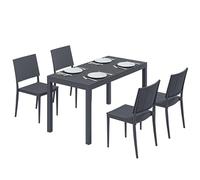 Outsunny Conjunto de Mesa y Sillas Jardín de 5 Piezas, Muebles Jardín Exterior con Mesa de Tablero Ranurado, 4 Sillas Apilables, Marco Metálico para 4 Personas, para Patio, Terraza, Gris Oscuro